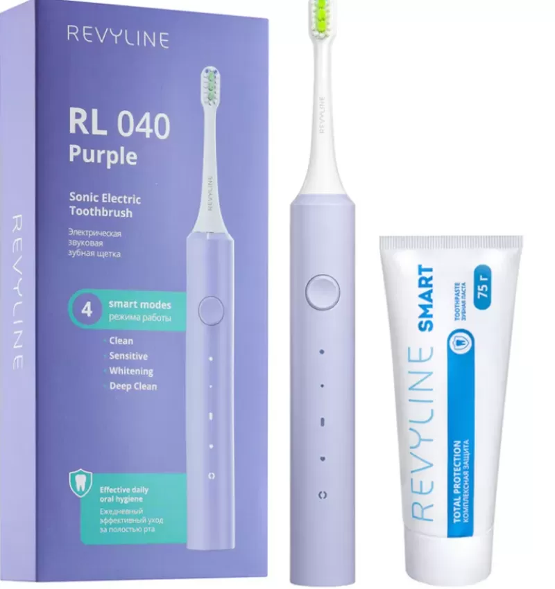 Звуковая зубная щетка Revyline RL040 в фиолетовом дизайне и паста
